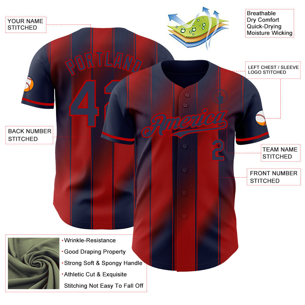 Custom Navy-Red Gradient Classic Vertical Stripe Authentic Baseball Jersey view 3