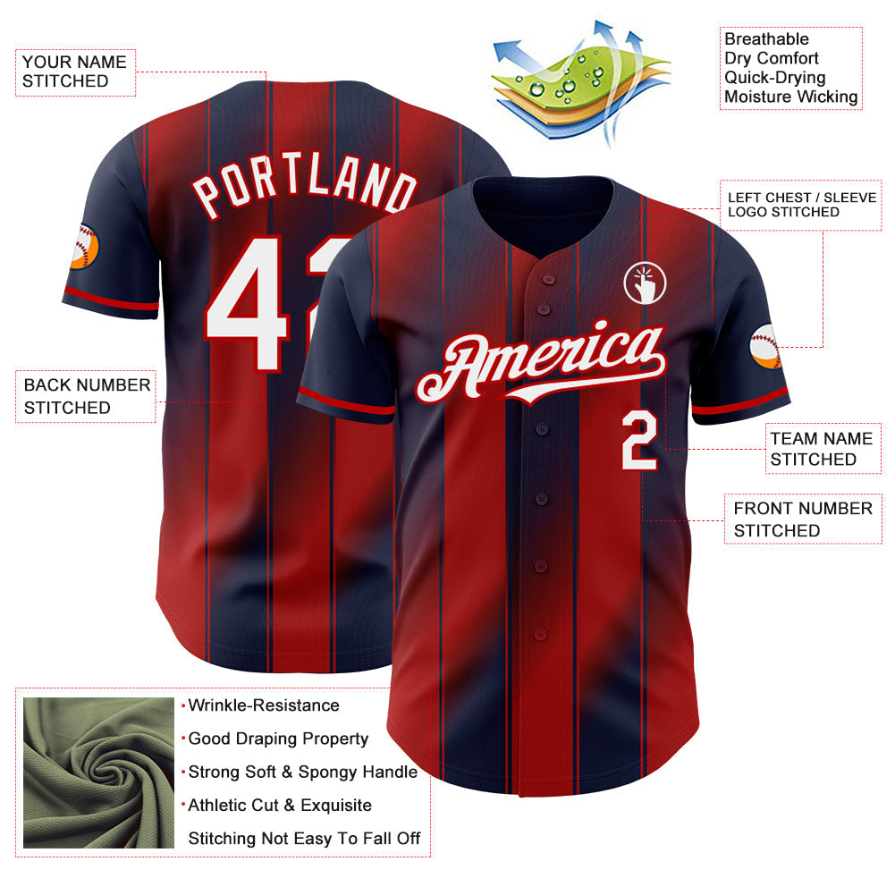 Custom Navy White-Red Gradient Classic Vertical Stripe Authentic Baseball Jersey view 3
