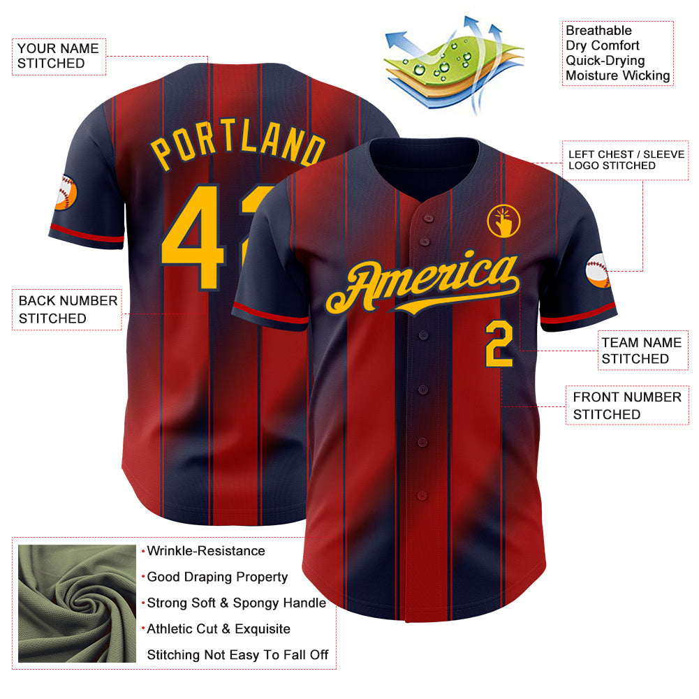 Custom Navy Gold-Red Gradient Classic Vertical Stripe Authentic Baseball Jersey view 3