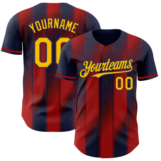Custom Navy Gold-Red Gradient Classic Vertical Stripe Authentic Baseball Jersey - Main View