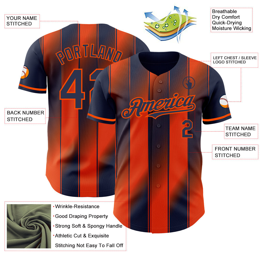 Custom Navy-Orange Gradient Classic Vertical Stripe Authentic Baseball Jersey view 3