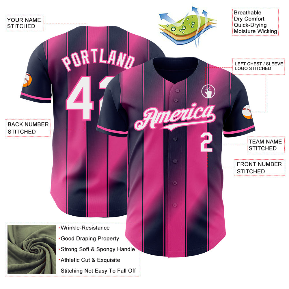 Custom Navy White-Pink Gradient Classic Vertical Stripe Authentic Baseball Jersey view 3