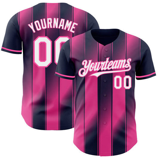 Custom Navy White-Pink Gradient Classic Vertical Stripe Authentic Baseball Jersey - Main View