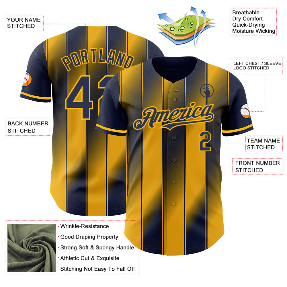 Custom Navy-Gold Gradient Classic Vertical Stripe Authentic Baseball Jersey view 3