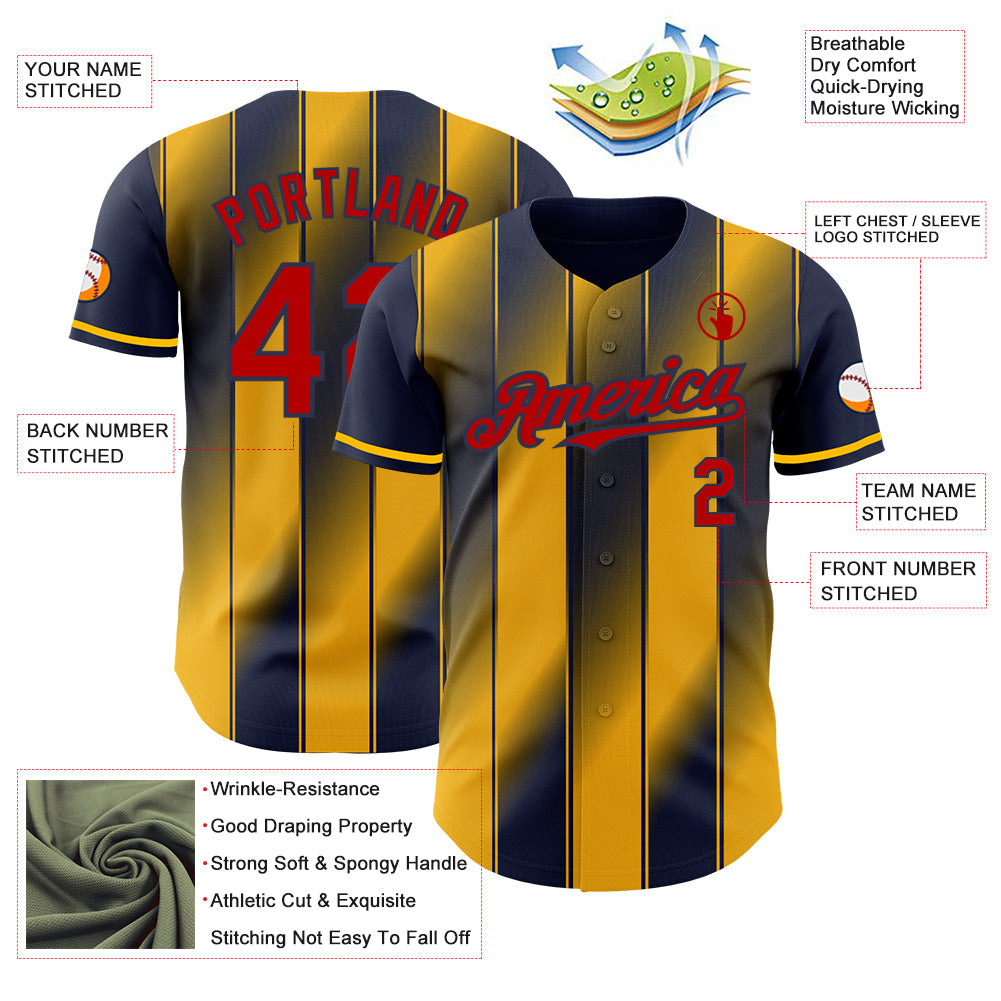 Custom Navy Red-Gold Gradient Classic Vertical Stripe Authentic Baseball Jersey view 3