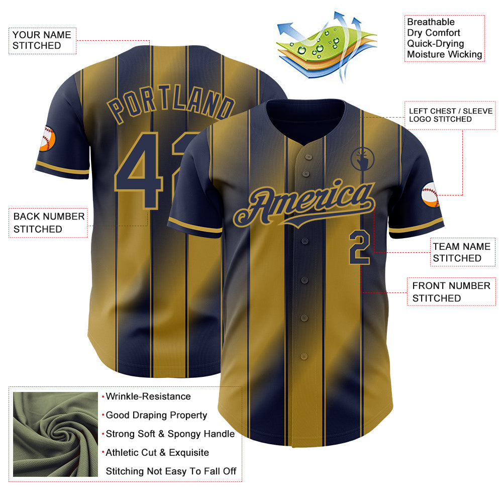 Custom Navy-Old Gold Gradient Classic Vertical Stripe Authentic Baseball Jersey view 3