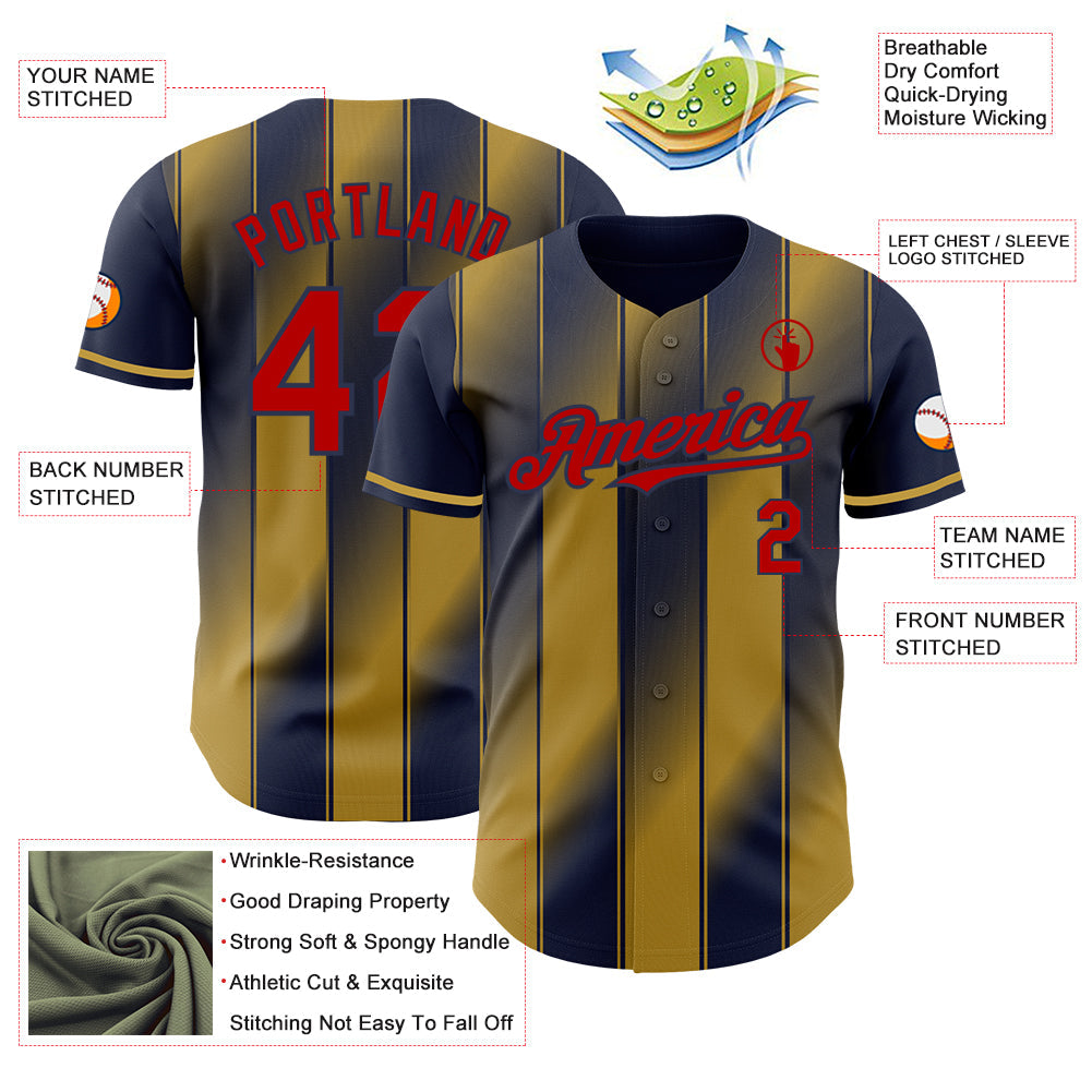 Custom Navy Red-Old Gold Gradient Classic Vertical Stripe Authentic Baseball Jersey view 3
