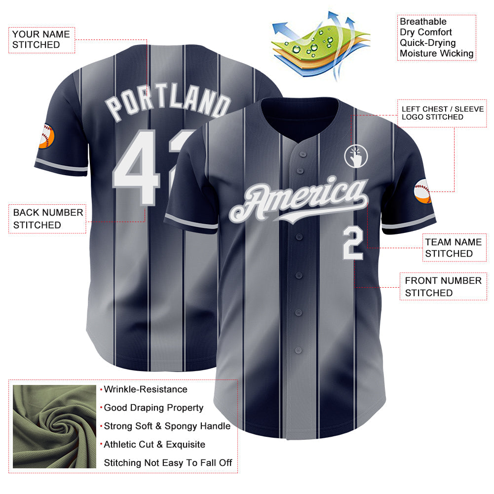 Custom Navy White-Gray Gradient Classic Vertical Stripe Authentic Baseball Jersey view 3