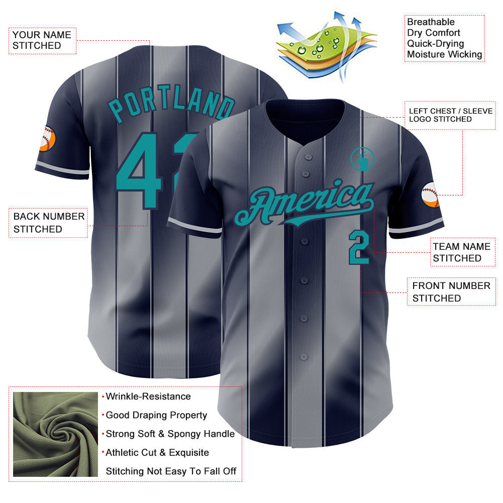Custom Navy Teal-Gray Gradient Classic Vertical Stripe Authentic Baseball Jersey view 3