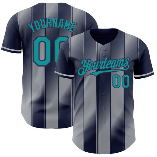 Custom Navy Teal-Gray Gradient Classic Vertical Stripe Authentic Baseball Jersey - Main View