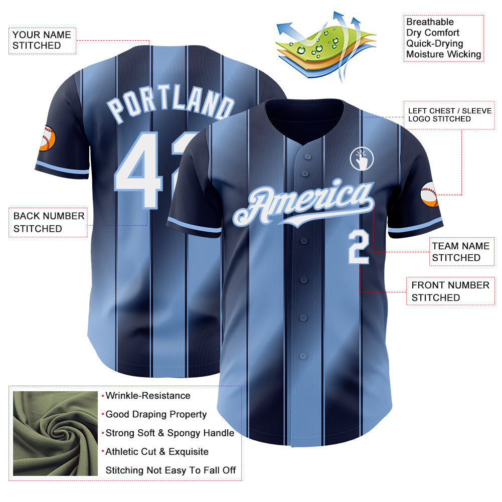 Custom Navy White-Light Blue Gradient Classic Vertical Stripe Authentic Baseball Jersey view 3