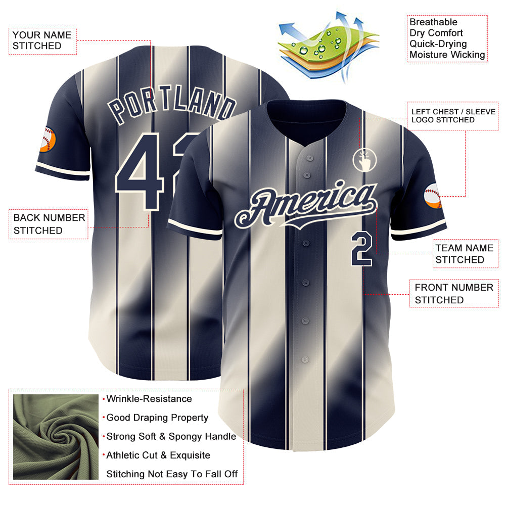 Custom Navy Cream-Cream Gradient Classic Vertical Stripe Authentic Baseball Jersey view 3