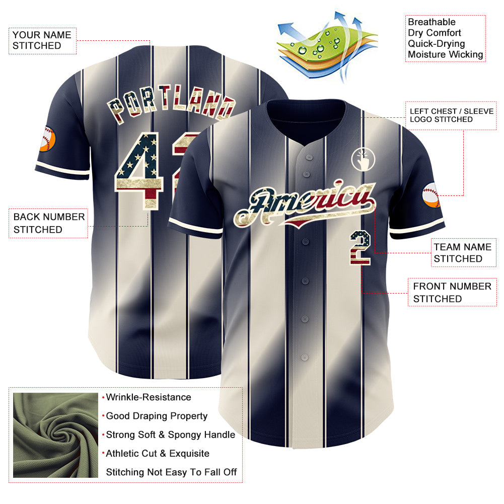 Custom Navy Vintage USA Flag Cream-Cream Gradient Classic Vertical Stripe Authentic Baseball Jersey view 3