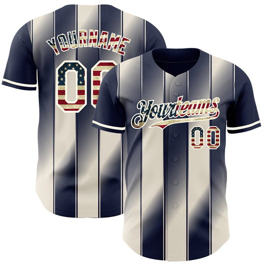 Custom Navy Vintage USA Flag Cream-Cream Gradient Classic Vertical Stripe Authentic Baseball Jersey - Main View