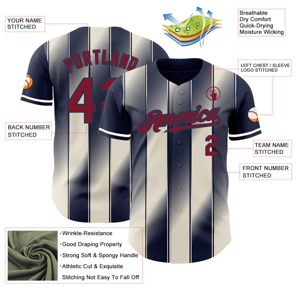Custom Navy Crimson-Cream Gradient Classic Vertical Stripe Authentic Baseball Jersey view 3
