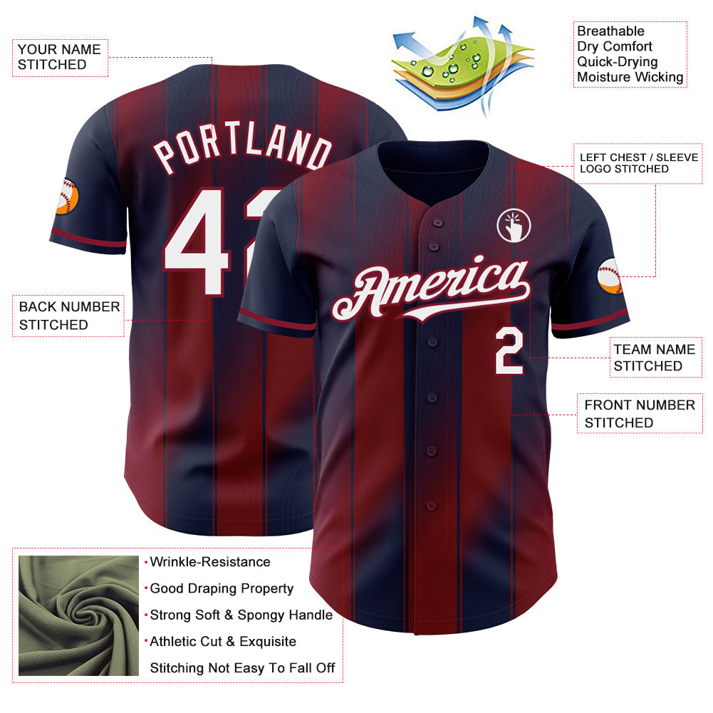 Custom Navy White-Crimson Gradient Classic Vertical Stripe Authentic Baseball Jersey view 3