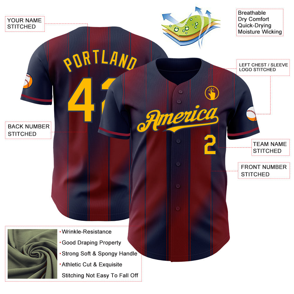 Custom Navy Gold-Crimson Gradient Classic Vertical Stripe Authentic Baseball Jersey view 3