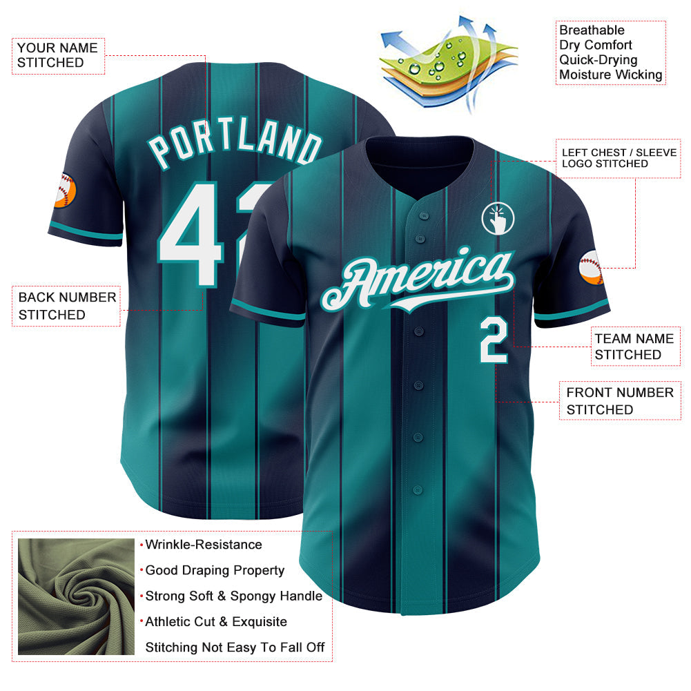 Custom Navy White-Teal Gradient Classic Vertical Stripe Authentic Baseball Jersey view 3