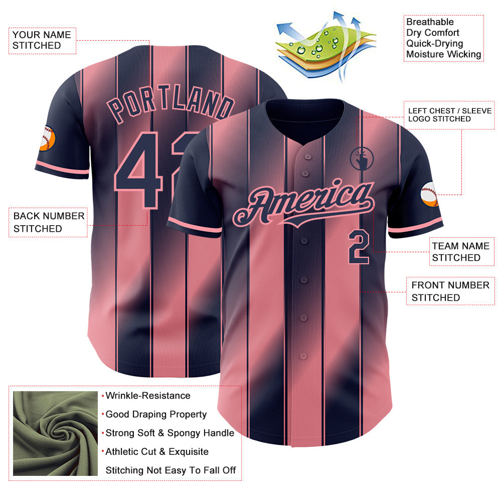 Custom Navy-Medium Pink Gradient Classic Vertical Stripe Authentic Baseball Jersey view 3