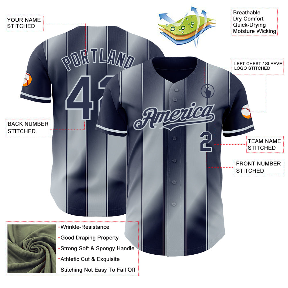 Custom Navy-Silver Gradient Classic Vertical Stripe Authentic Baseball Jersey view 3