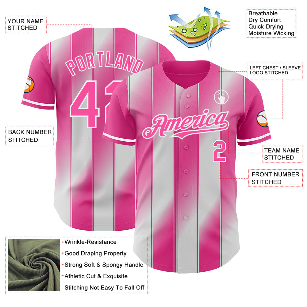 Custom Pink-White Gradient Classic Vertical Stripe Authentic Baseball Jersey view 3