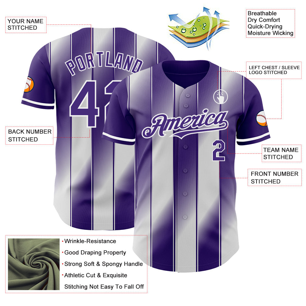 Custom Purple-White Gradient Classic Vertical Stripe Authentic Baseball Jersey view 3