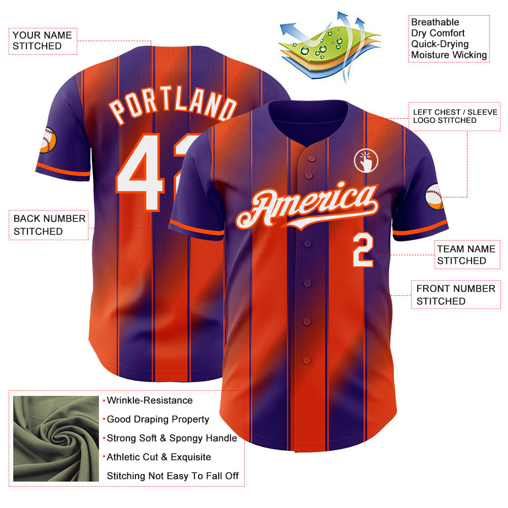Custom Purple White-Orange Gradient Classic Vertical Stripe Authentic Baseball Jersey view 3