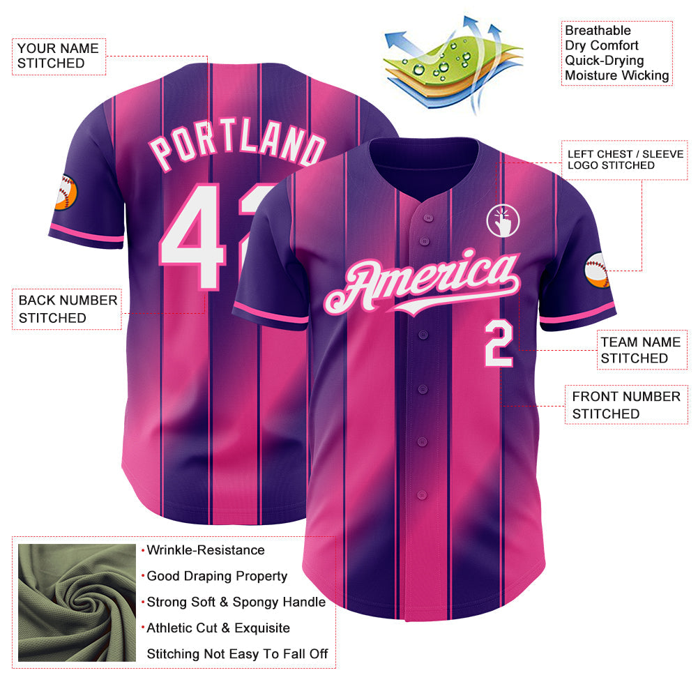 Custom Purple White-Pink Gradient Classic Vertical Stripe Authentic Baseball Jersey view 3