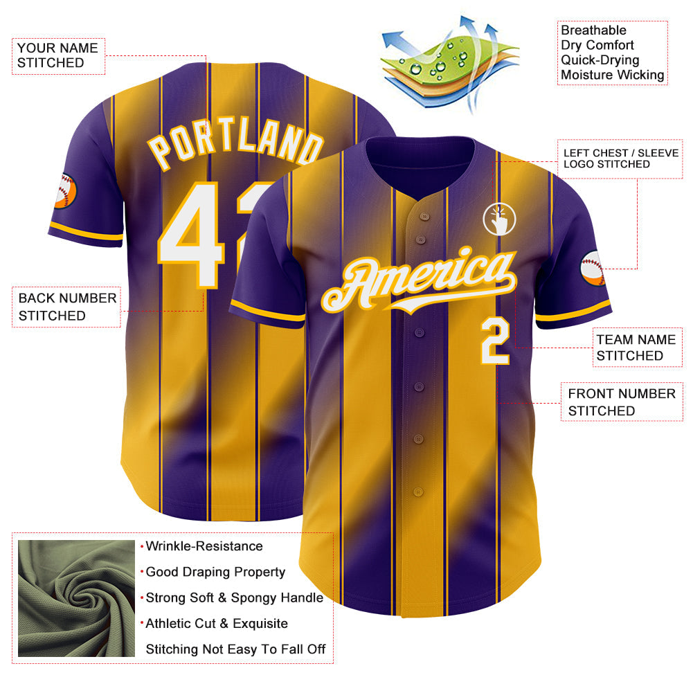 Custom Purple White-Gold Gradient Classic Vertical Stripe Authentic Baseball Jersey view 3