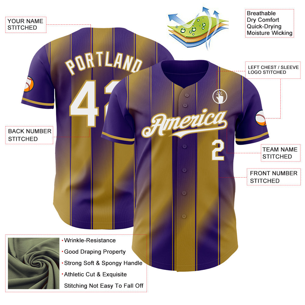 Custom Purple White-Old Gold Gradient Classic Vertical Stripe Authentic Baseball Jersey view 3