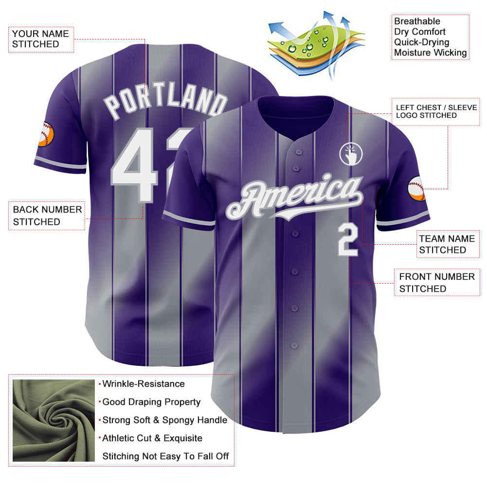 Custom Purple White-Gray Gradient Classic Vertical Stripe Authentic Baseball Jersey view 3