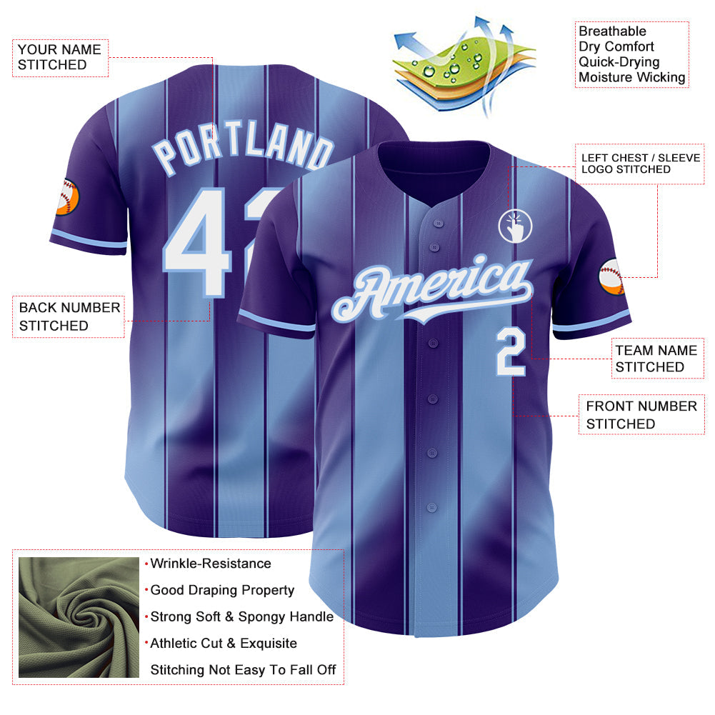 Custom Purple White-Light Blue Gradient Classic Vertical Stripe Authentic Baseball Jersey view 3