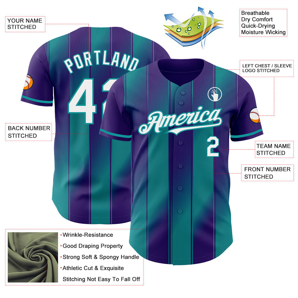Custom Purple White-Teal Gradient Classic Vertical Stripe Authentic Baseball Jersey view 3
