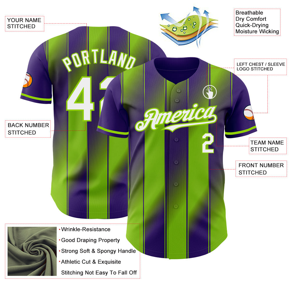 Custom Purple White-Neon Green Gradient Classic Vertical Stripe Authentic Baseball Jersey view 3