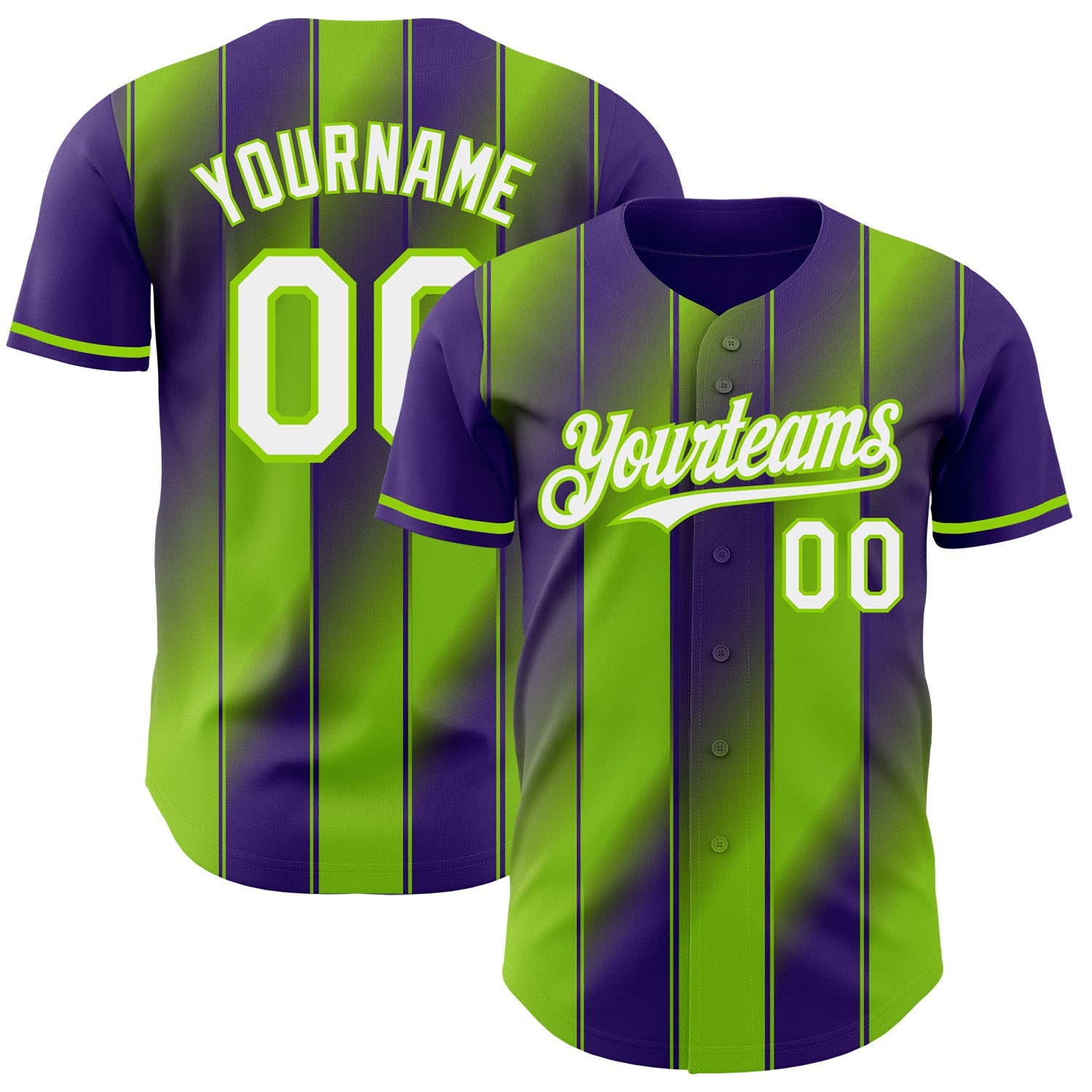 Custom Purple White-Neon Green Gradient Classic Vertical Stripe Authentic Baseball Jersey - Main View