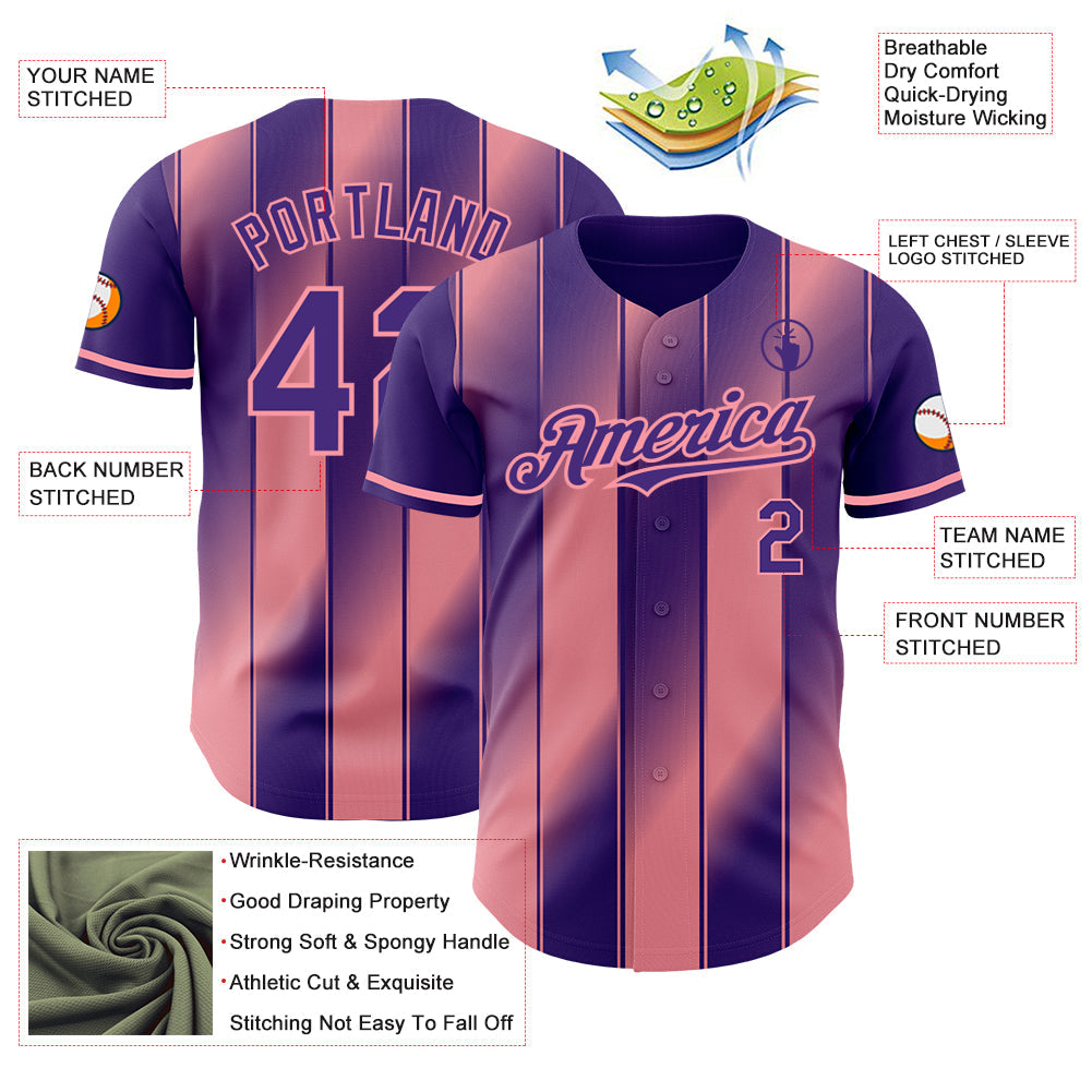 Custom Purple-Medium Pink Gradient Classic Vertical Stripe Authentic Baseball Jersey view 3