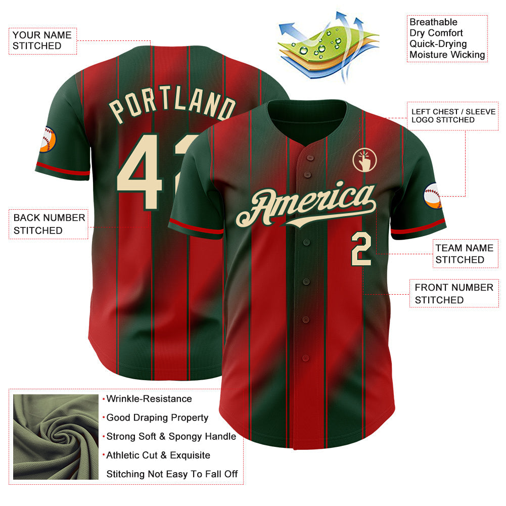 Custom Green Cream-Red Gradient Classic Vertical Stripe Authentic Baseball Jersey view 3