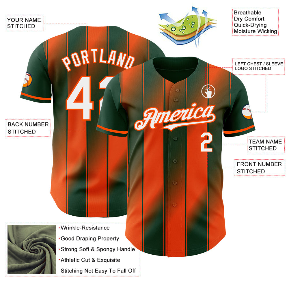 Custom Green White-Orange Gradient Classic Vertical Stripe Authentic Baseball Jersey view 3