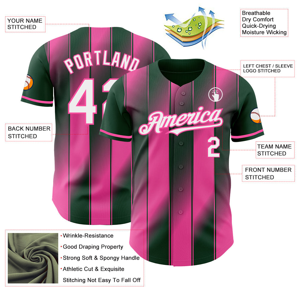Custom Green White-Pink Gradient Classic Vertical Stripe Authentic Baseball Jersey view 3