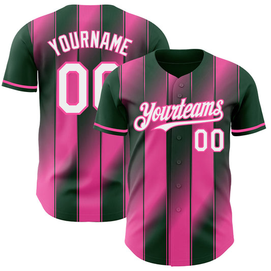 Custom Green White-Pink Gradient Classic Vertical Stripe Authentic Baseball Jersey - Main View