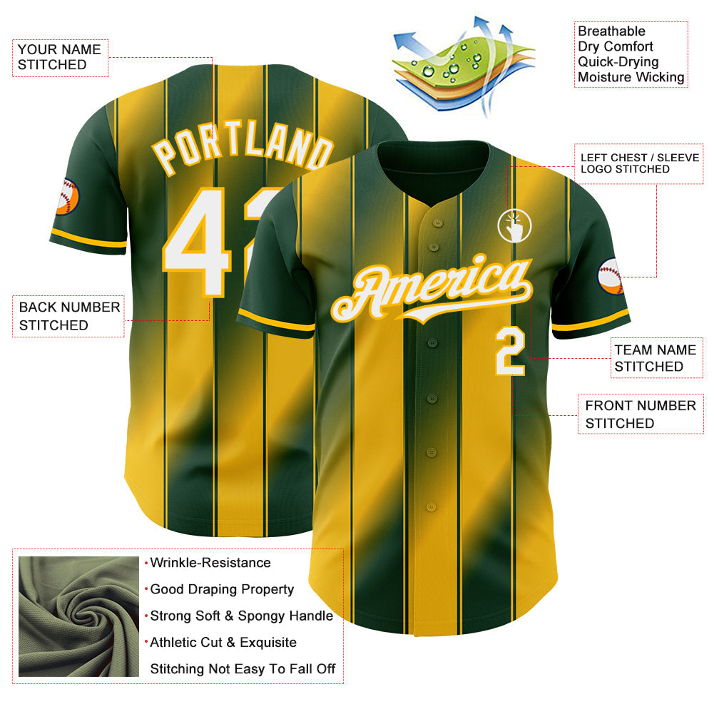 Custom Green White-Gold Gradient Classic Vertical Stripe Authentic Baseball Jersey view 3