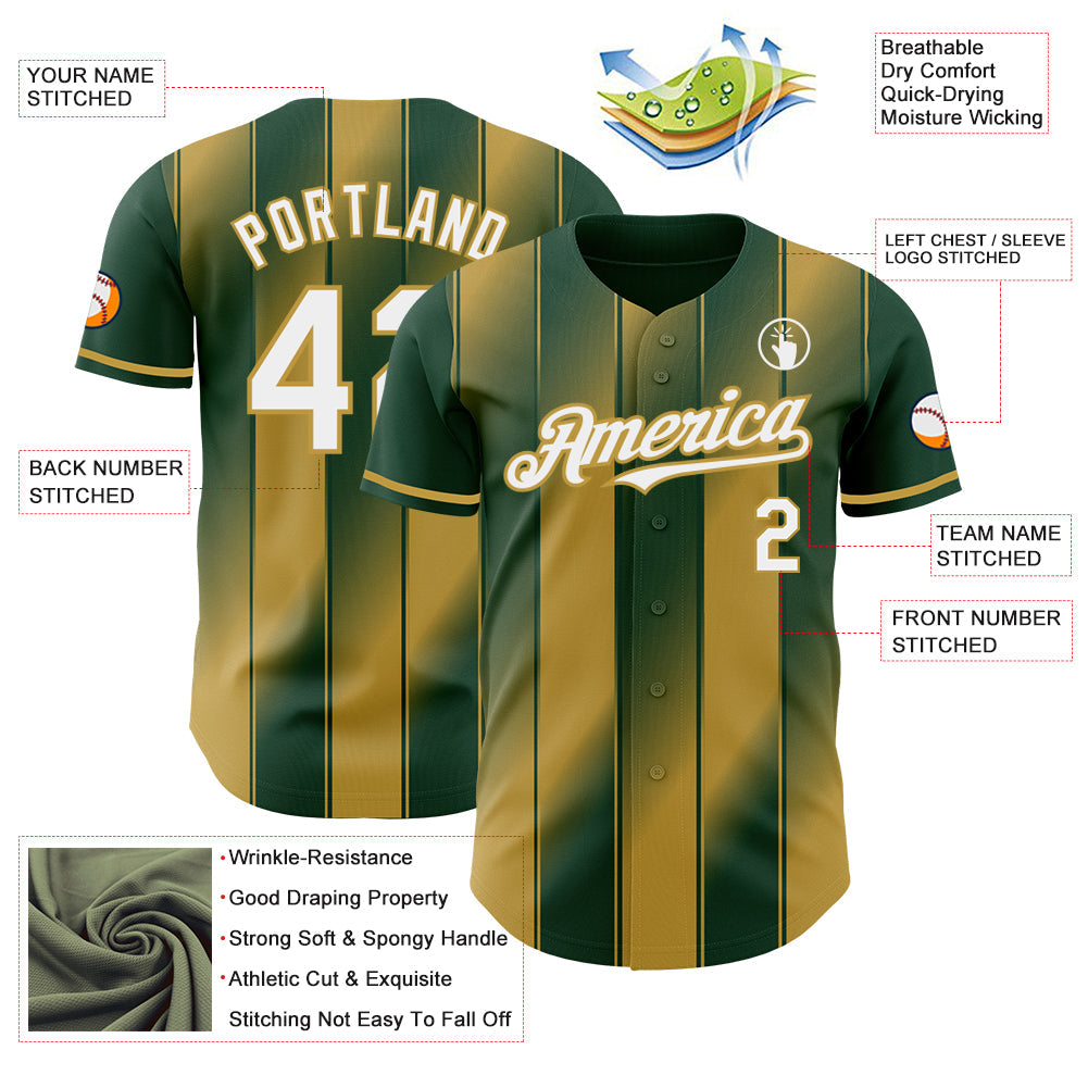 Custom Green White-Old Gold Gradient Classic Vertical Stripe Authentic Baseball Jersey view 3