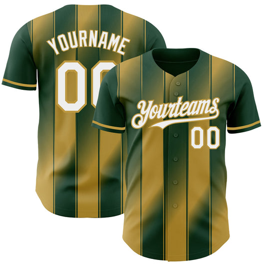 Custom Green White-Old Gold Gradient Classic Vertical Stripe Authentic Baseball Jersey - Main View
