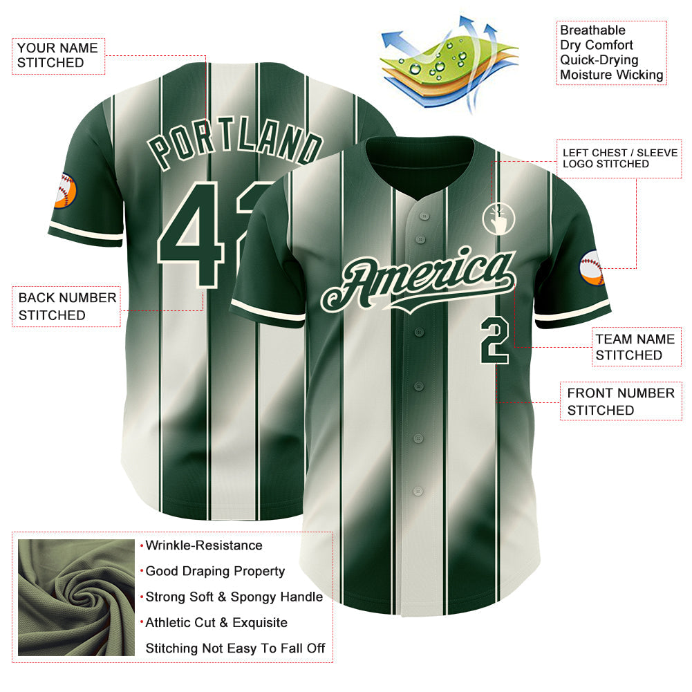 Custom Green Cream-Cream Gradient Classic Vertical Stripe Authentic Baseball Jersey view 3