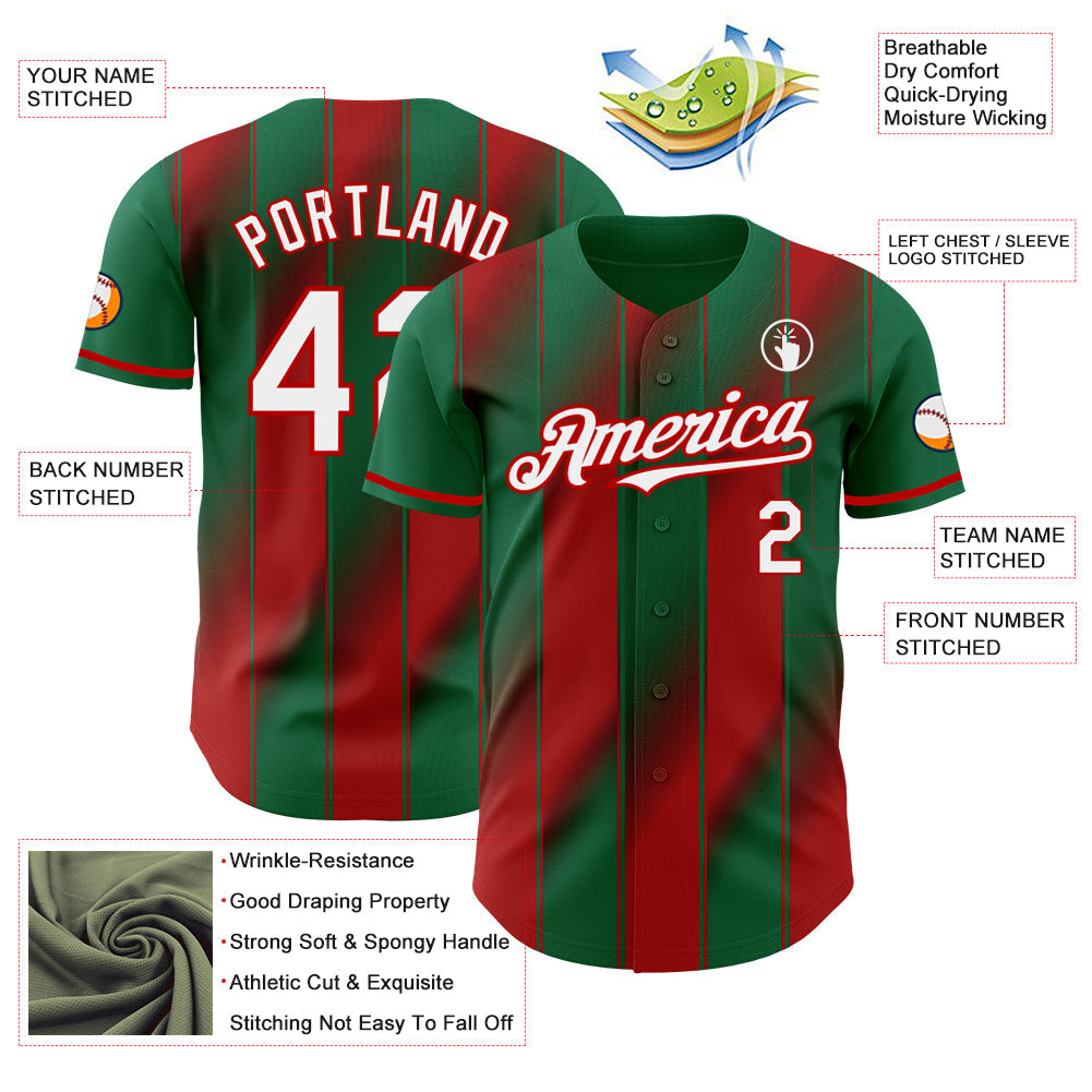 Custom Kelly Green White-Red Gradient Classic Vertical Stripe Authentic Baseball Jersey view 3
