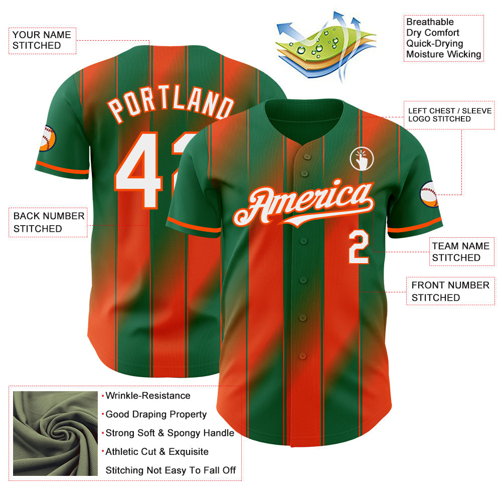 Custom Kelly Green White-Orange Gradient Classic Vertical Stripe Authentic Baseball Jersey view 3