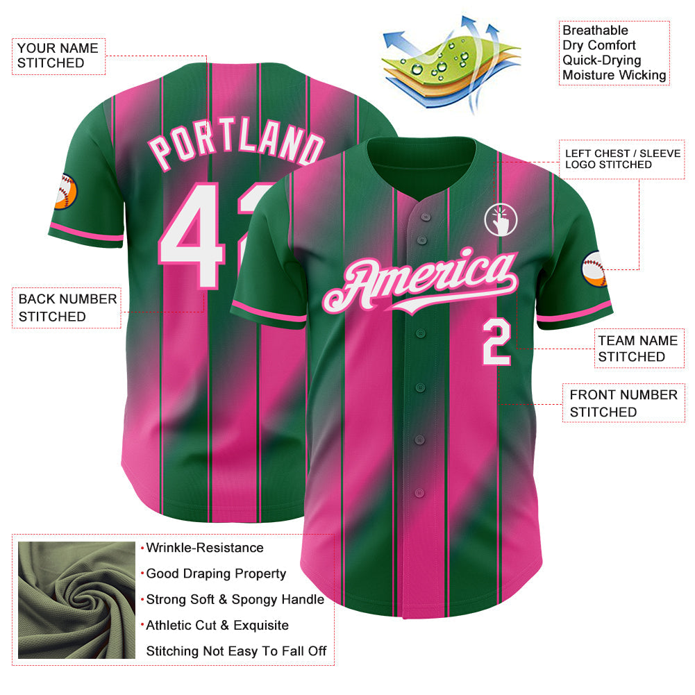 Custom Kelly Green White Pink-Pink Gradient Classic Vertical Stripe Authentic Baseball Jersey view 3