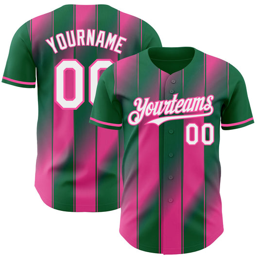 Custom Kelly Green White Pink-Pink Gradient Classic Vertical Stripe Authentic Baseball Jersey - Main View