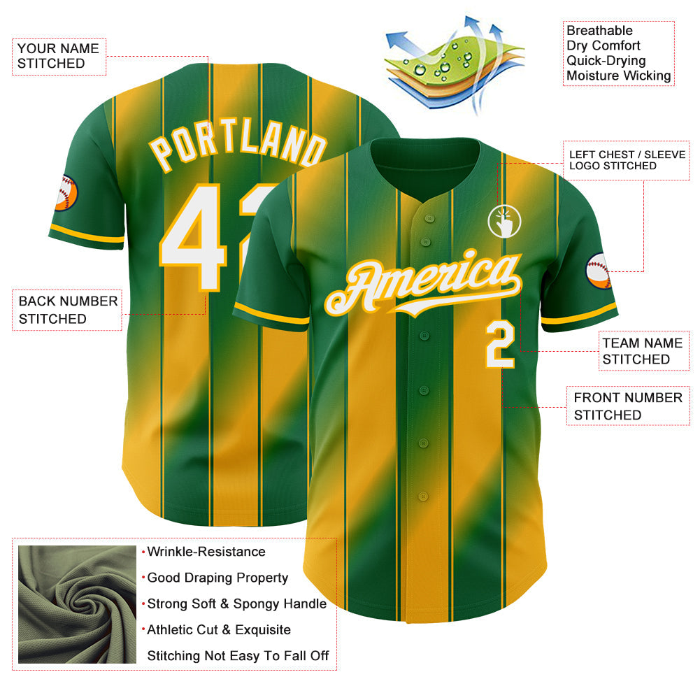 Custom Kelly Green White-Gold Gradient Classic Vertical Stripe Authentic Baseball Jersey view 3