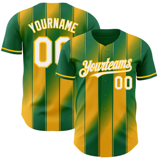 Custom Kelly Green White-Gold Gradient Classic Vertical Stripe Authentic Baseball Jersey - Main View
